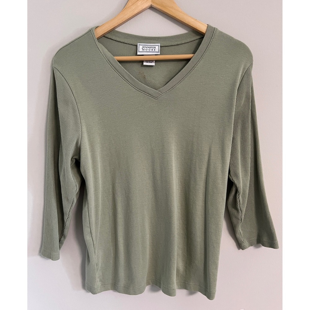 Vintage Jennifer Moore Ribbed V-Neck Top 3/4 Sleeve M Sage Green 100% Cotton